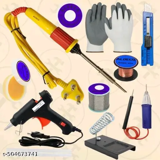 Aldeco 13in1 Bundle Glue Gun with 25W Soldering Iron Kit with Solder Wire, Flux, Wick, Stand, Blade Cutter, Jumper Wire, 2 Glue Sticks, 2 Gloves, Continuity Tester, Soldering Machine Heavy Duty Corded Glue Gun
